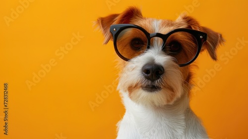 Funny cute puppy in sunglasses, creative minimal concept on yellow background. Hipster puppy dog, fashionable outfit for sale, shopping, advert © Happy Lab