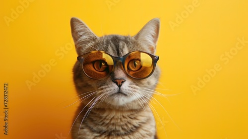 Funny cat in sunglasses  creative minimal concept on yellow background. Hipster cat kitten in fashionable outfit for sale  shopping  advert