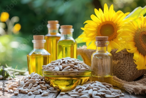 This is a close up selective focus outdoor photograph of real sunflowers surrounded by sunflower seeds and oil in vintage glass bottles 