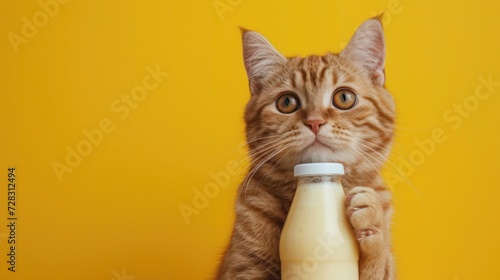 Funny cat with a bottle of milk, creative minimal concept on yellow background. Cat kitten for sale, shopping, advert, veterinary clinic.