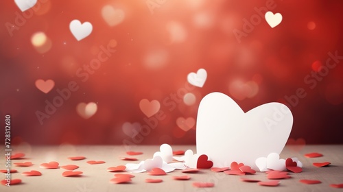 Valentine's Day setting with meticulously crafted white paper hearts and a blank card