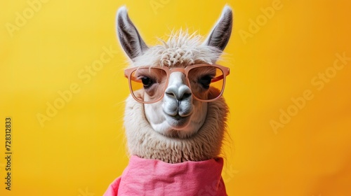 Funny lama in pink hoodie and sunglasses, creative minimal concept on yellow background. Hipster lama in fashionable outfit for sale, shopping, advert