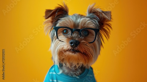 Funny cute puppy in blue hoodie and sunglasses, creative minimal concept on yellow background. Hipster puppy dog in fashionable outfit for sale, shopping, advert