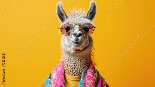 Funny lama in pink hoodie and sunglasses, creative minimal concept on yellow background. Hipster lama in fashionable outfit for sale, shopping, advert photo