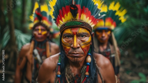 Indigenous Amazonian tribal leaders in traditional attire, focused and poised