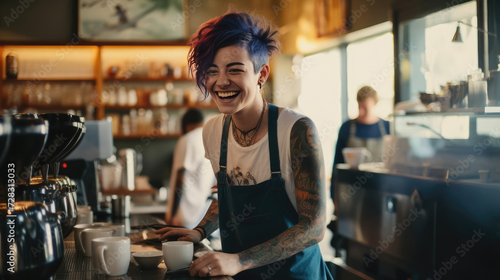 Cheerful tattooed barista serving coffee with a bright smile in a cafe