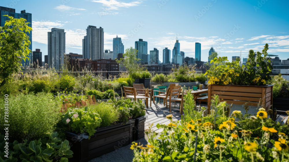 Fototapeta premium Urban oasis: Rooftop garden with lush greenery and city skyline