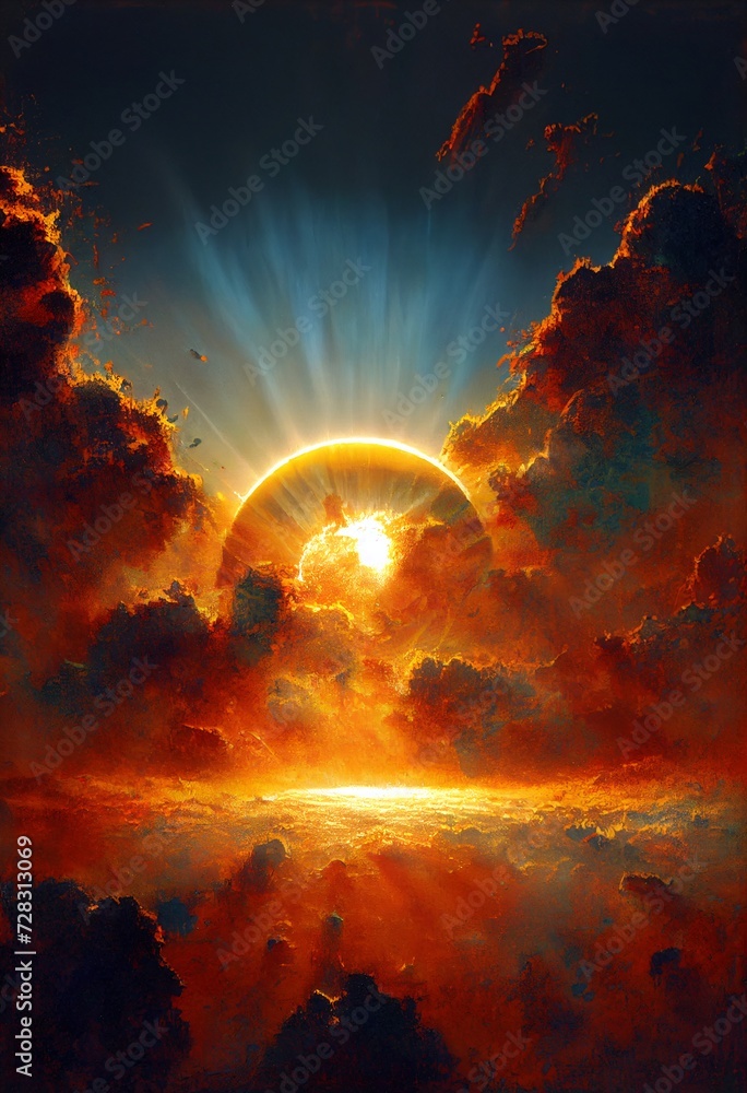 Oil painting of a glorious abstract sun in the celestial heavens - obrazy, fototapety, plakaty 