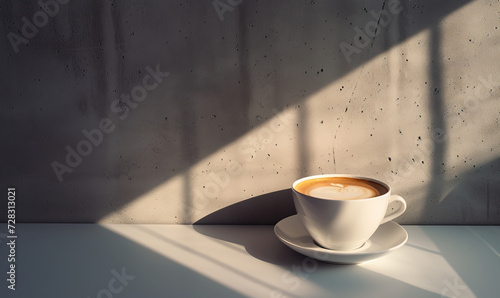 Studio shot, close-up, macro, frothy flat white cup of coffee isolated against modern background with grey stucco cement interior wall. High-end product shot, before sunset, sunny, clear sky, shadows