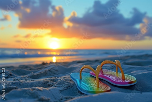 This is a conceptual photograph symbolizing taking a Christmas Holiday vacation to the beach. There are colorful flip flops stuck upright in the sand. 