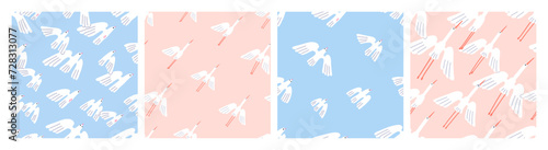Flying birds, seamless patterns set. Cranes and doves flocks in flight in sky, endless background design. Spring nature, repeating print, texture for fabric, textile. Flat vector illustrations
