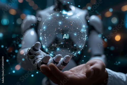 A robot hand holding a globe depicting AI networks