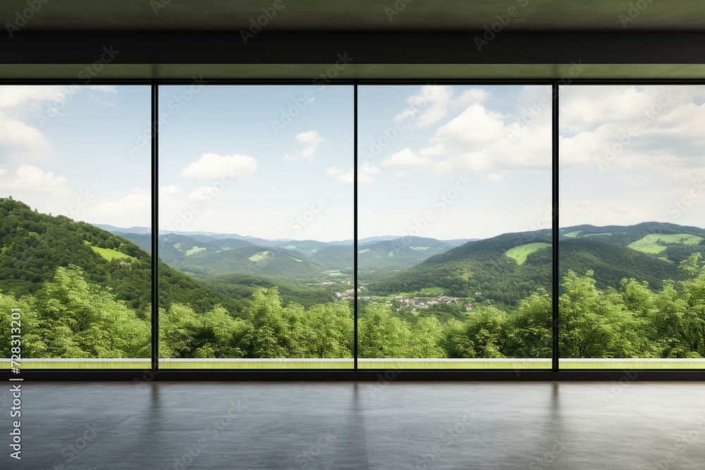 Fototapeta premium Spacious modern room with panoramic view of lush green mountains