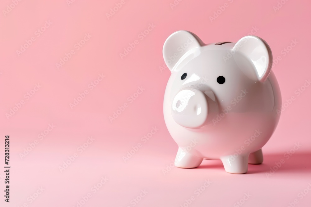 This is a photo of a large white piggy bank with 3D glasses on a pink background. This is a concept photo related to finance and entertainment This is a photo of a large white piggy bank with 3D glasses on a pink background. This is a concept photo related to finance and entertainment
