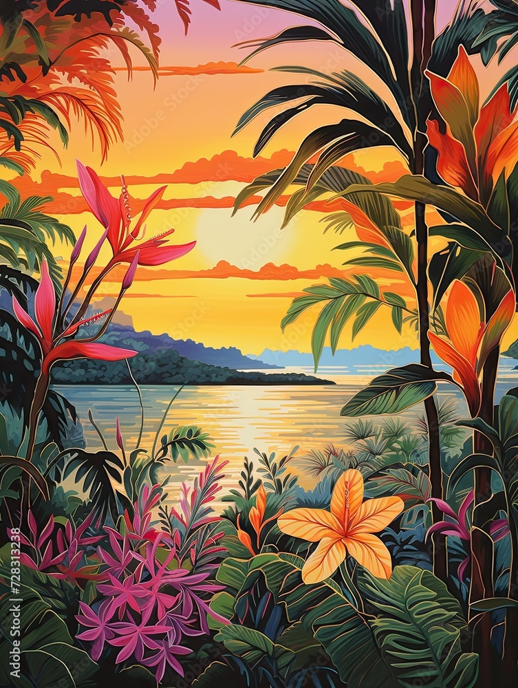 Caribbean Beach Sunsets: Evening Hues of Botanical Beach Flora on a Stunning Wall Art Piece
