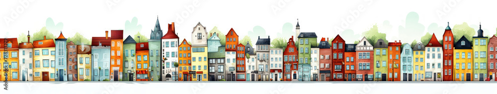 Colorful cartoonish cityscape with diverse urban buildings panorama