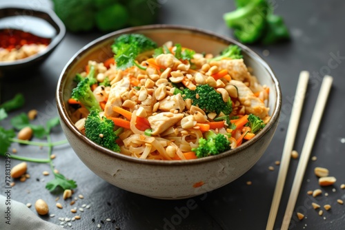 Pad Thai with broccoli, chicken and carrots sprinkled with peanuts on top. There are chopsticks on the side. 