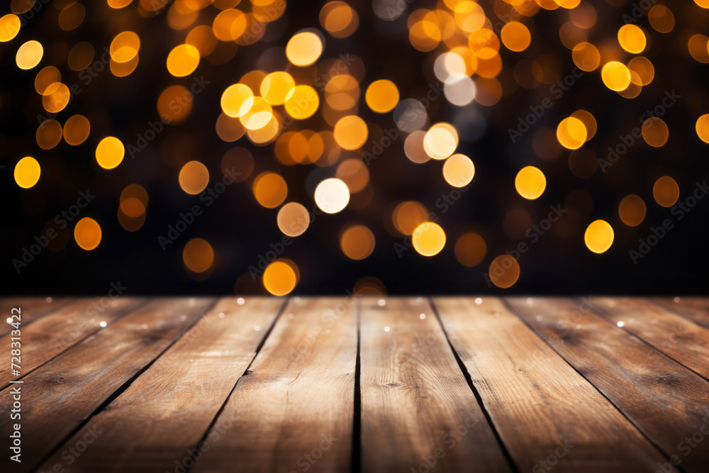 Empty wooden table with golden bokeh lights background Empty wooden table with golden bokeh lights background