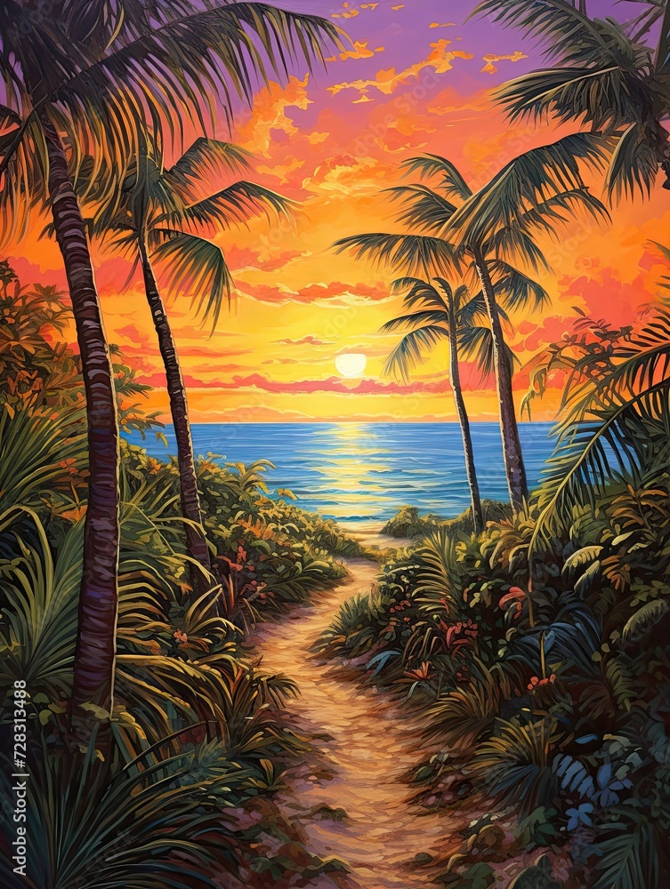 Caribbean Beach Sunsets: Sandy Trails and Pathway Painting with Sunset Backdrop