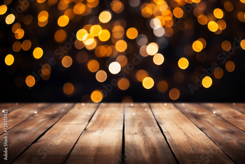 Empty wooden table with golden bokeh lights background