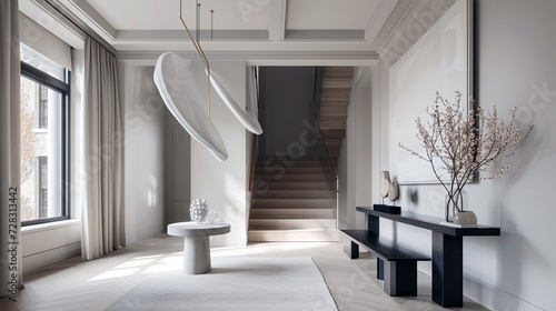 A minimalist foyer with a high ceiling  a sculptural light fixture  and a narrow console table. 