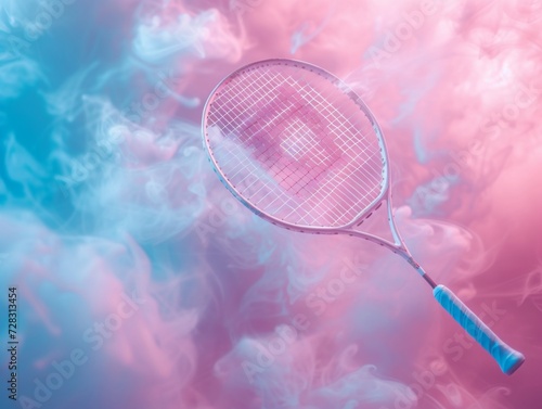 A badminton racket emerges from a vibrant cloud of blue and pink smoke © artem