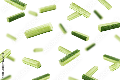 Falling chopped Cucumber, stick, isolated on white background, selective focus