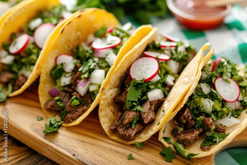 This is a photograph of four home made steak tacos with onions, radishes, cilantro, sauce and salsa on a wood table with a green and white checkered napkin 