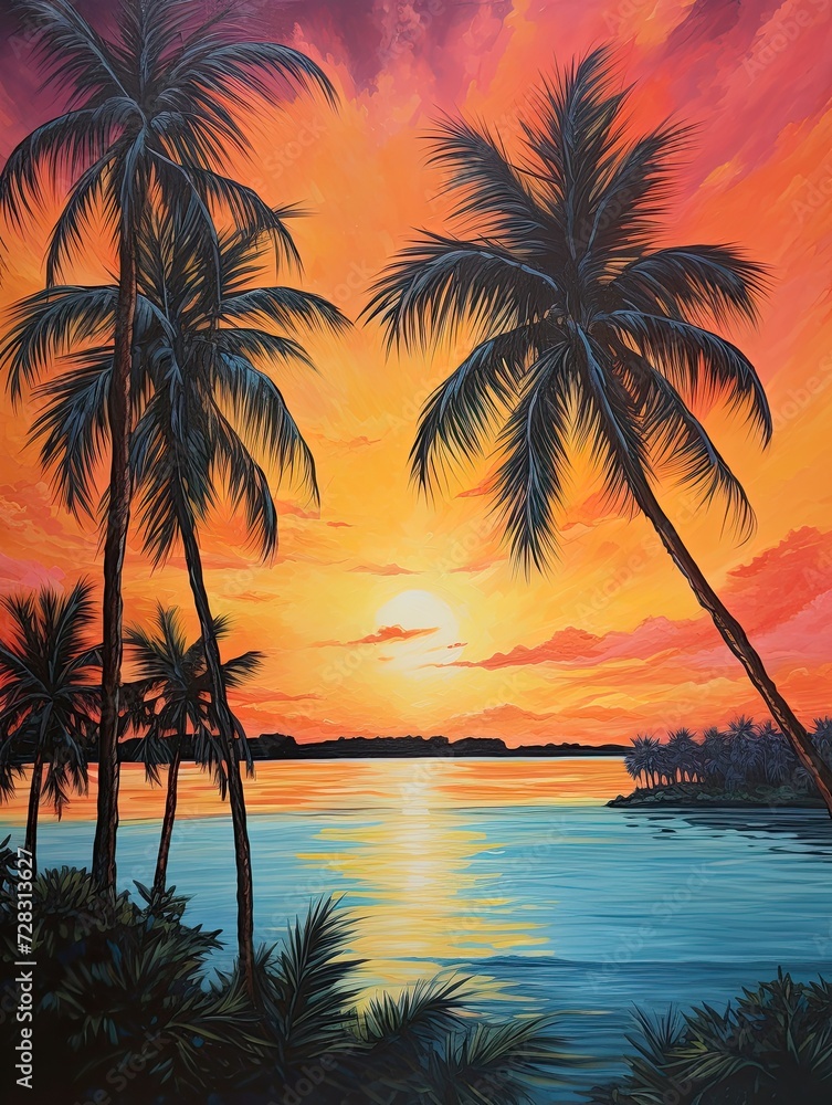 Fiery Skies: Silhouetted Palms in Caribbean Beach Sunsets Tree Line Artwork