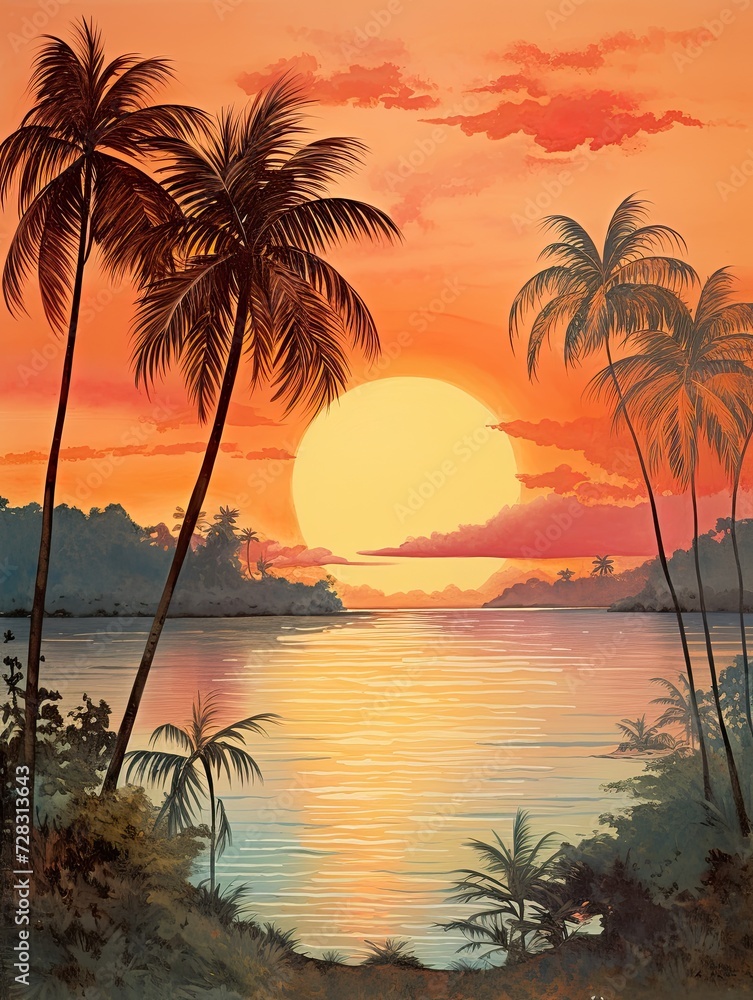 Caribbean Beach Sunsets: Vintage Tropical Horizon Wall Art
