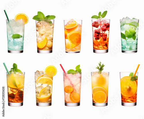 Assorted refreshing cocktails in a row on white background