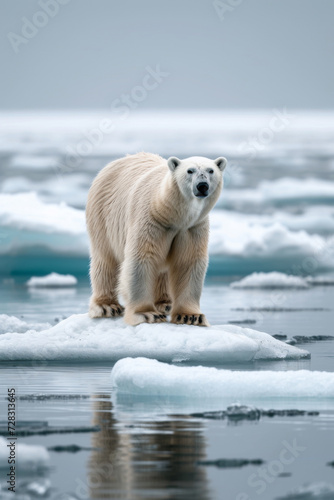 Solitary polar bear standing on a small melting ice floe in the Arctic