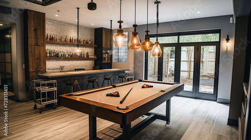 A minimalist game room with a pool table  a bar cart  and industrial-style lighting. 