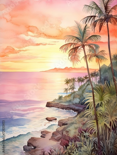 Caribbean Beach Sunset: Watercolor Landscape with Soft Evening Tones