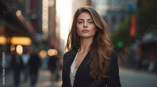 Confident businesswoman on city street at twilight