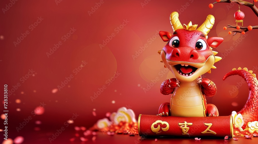 Fototapeta premium Un joli dragon tenant un parchemin de félicitations pour la richesse au bas de l'image, avec un arrière-plan simple du Nouvel An chinois