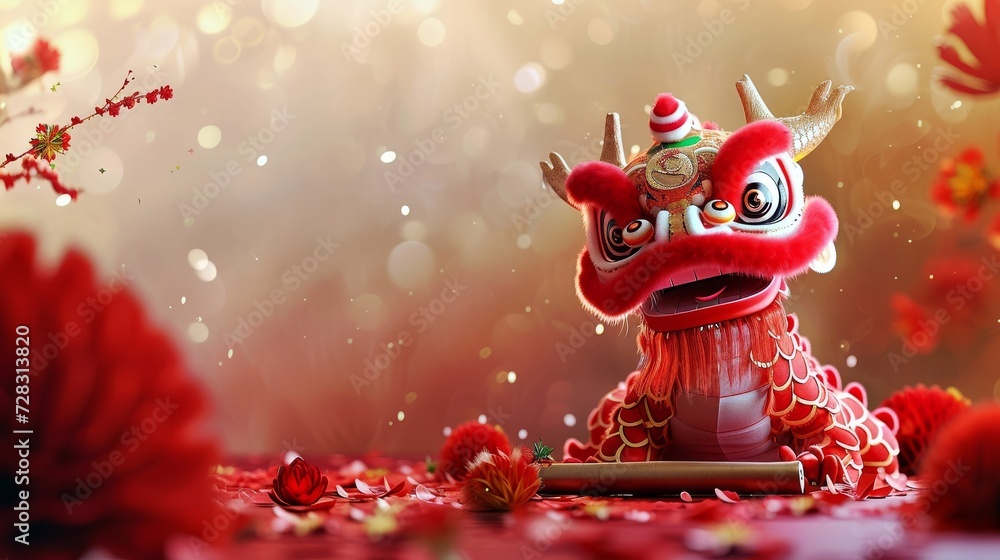Fototapeta premium Un joli dragon tenant un parchemin de félicitations pour la richesse au bas de l'image, avec un arrière-plan simple du Nouvel An chinois