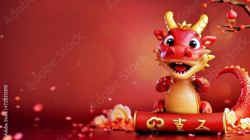 Un joli dragon tenant un parchemin de f  licitations pour la richesse au bas de l image  avec un arri  re-plan simple du Nouvel An chinois