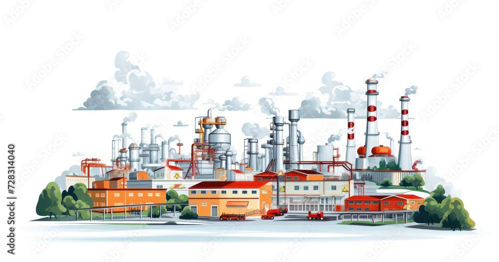 Industrial complex environment with factories and smokestack pollution Industrial complex environment with factories and smokestack pollution