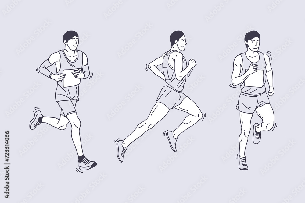 Set of outline illustrations of marathon runners