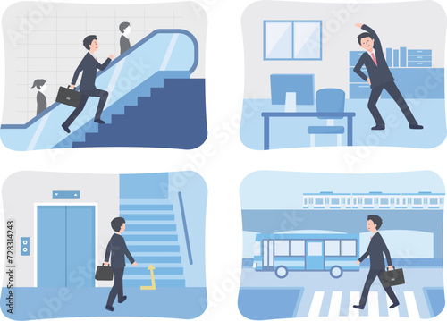 通勤中やオフィスで運動する会社員のイラストセット
