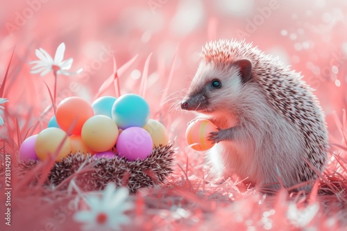 A curious hedgehog carefully cradles a precious egg in its prickly paws, surrounded by the signs of spring in an idyllic outdoor setting
