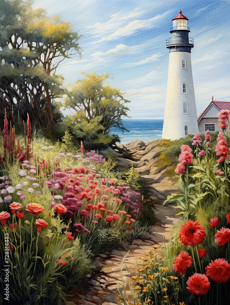 Coastal Lighthouse Garden: Lighthouse Amidst Coastal Flora Art Scene