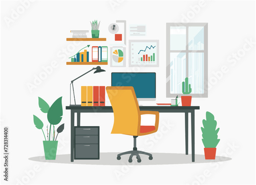 Vector illustration of modern home office workplace with work desk from home.