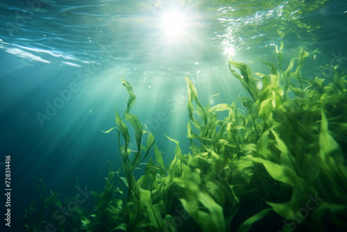 Underwater seaweed landscape with sunlight penetrating ocean