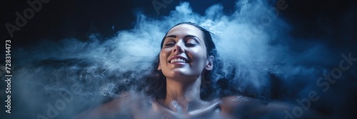 a young woman lying outside in a steam room. generative ai