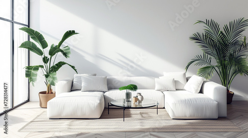 A minimalist living room with a white sectional sofa, a glass coffee table, and a large potted plant in the corner.  photo