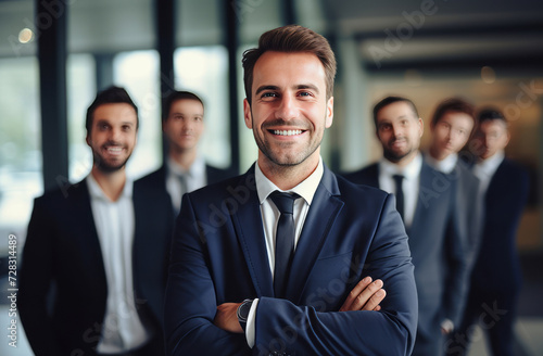 Confident businessman leading team of professionals in office