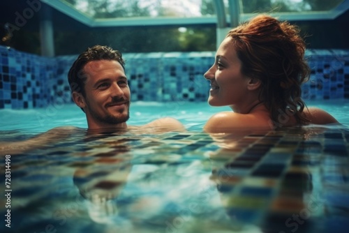 a woman and man relaxing in a pool in a hotel. generative ai