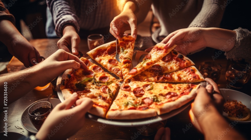 Close-up of a group of young people, students eating delicious hot pizza with cheese and pepperoni. friends' hands take a slice of pizza in a restaurant, pizzeria or cafe. Italian food concepts.